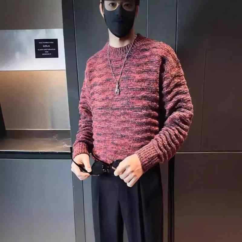 ニット メンズ ニットトップス 長袖 コットン 秋冬 厚手 丸首 プルオーバー ゆったり 洗濯機洗い可 レッド パープル カーキ