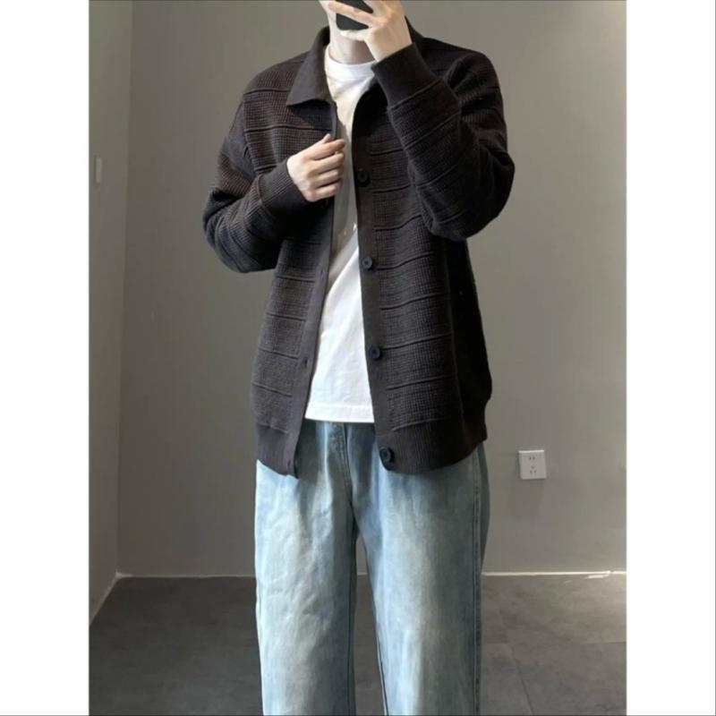 ニットカーディガン 男性用 秋冬 韓国 黒 リブ 襟付き コットンブレンド 暖かい ニットセーター カジュアル