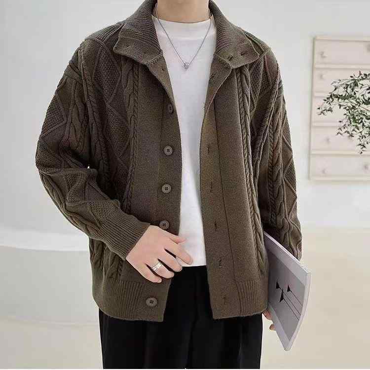 ニット メンズ カーディガン 秋冬 韓国 ケーブル編み 無地 カジュアル トップス 長袖 若者 普段使い 部屋着 暖かい 防寒着 ポリエステル