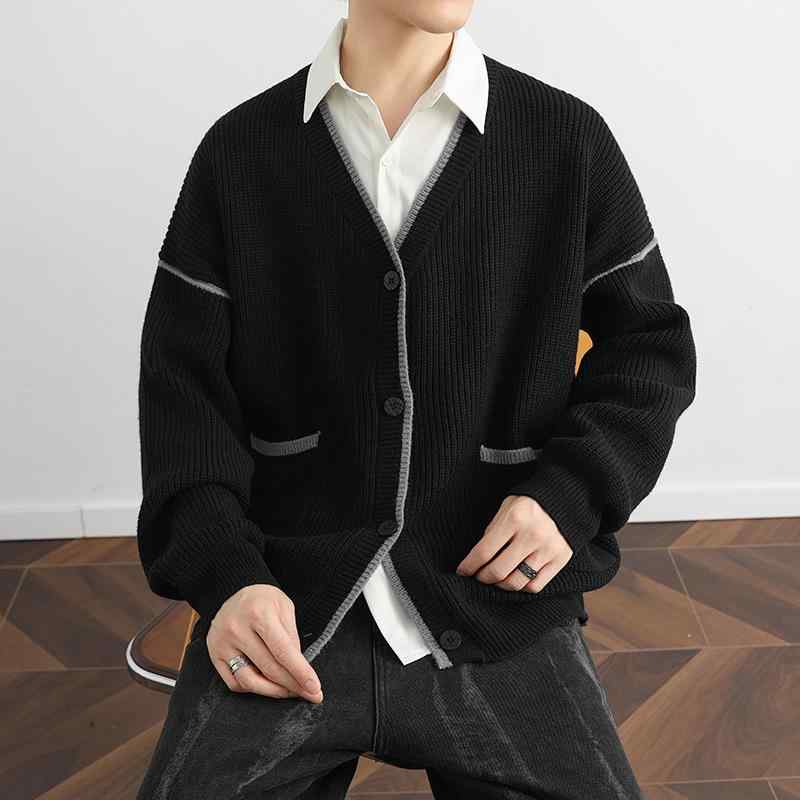 Rakuten - カーディガン メンズ ニット カーディガン ゆったり 韓国 カジュアル 羽織り 長袖 セーター 男性用 秋冬 トップス 無地 リブ裾 Vネック ブラック ホワイト