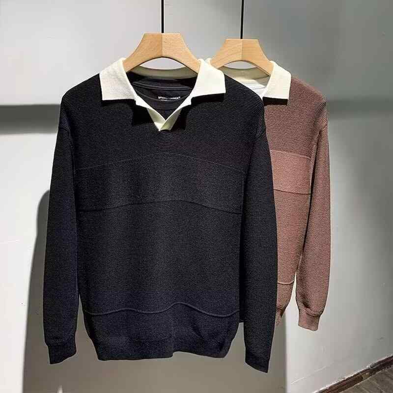 ニット メンズ Vネック 長袖 付け襟 プルオーバー ポリエステル 洗える 秋冬 厚手 暖かい 普段使い 部屋着 トップス