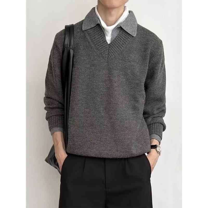 ニット メンズ Vネック フェイクレイヤード プルオーバー カーディガン 秋冬 トップス 暖かい 防寒 厚手 グレー カーキ カジュアル