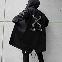 コート メンズ 男性用 フード付き ジップアップ ジャケット スプリングコート ロング丈 普段使い カジュアル ポリエステル 無地 黒 白 ブラック ホワイト