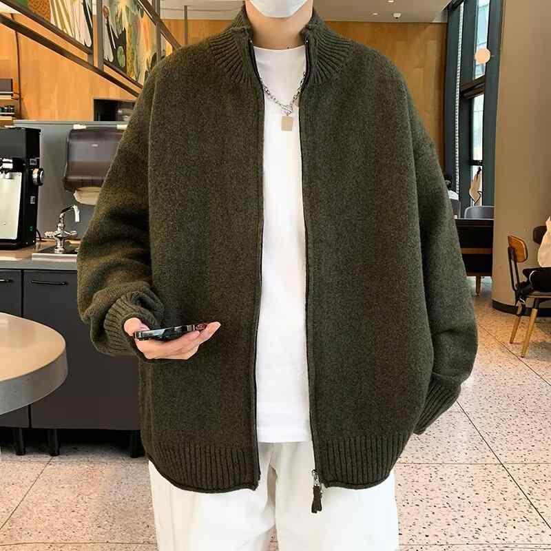 カーディガン メンズ ニットカーディガン 秋冬 立襟 長袖 混紡 ゆったりサイズ 韓国 カジュアル 普段使い トップス 羽織り物 ブラック カーキ グリーン