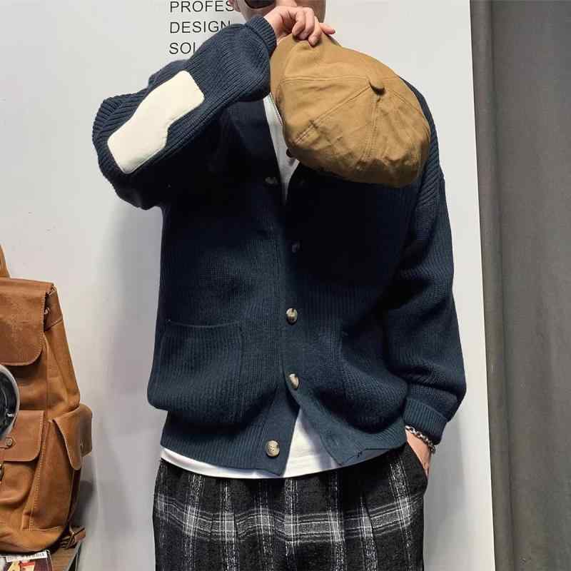 カーディガン メンズ Vネック ニットカーディガン 秋冬 長袖 無地 ゆったり リラックス 韓国 カジュアル 普段使い 伸縮性 ブラック 黒 カーキ コーヒー 紺