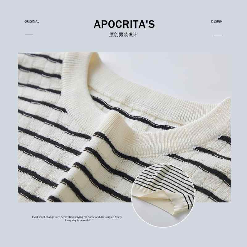 Tシャツ メンズ 男性用 ニット ストライプ 半袖 スリム 細身 丸首 プルオーバー トップス カットソー ポリエステル混紡 杏色 紺色 黒 ブラック 春夏・カテゴリ: ニット・スタイル: ストリート・タイプ: プルオーバー・フィット: スリム・ネックライン: ラウンドネック・袖丈: 半袖・・対象年齢: 成人・対象: メンズ・素材: 化学繊維混紡.ポリエステル34.1%・柄: 配色・カラー: 杏色.紺色.ブラック・サイズ: S.M.L.XL.XXL・洗濯: 洗濯機洗い可