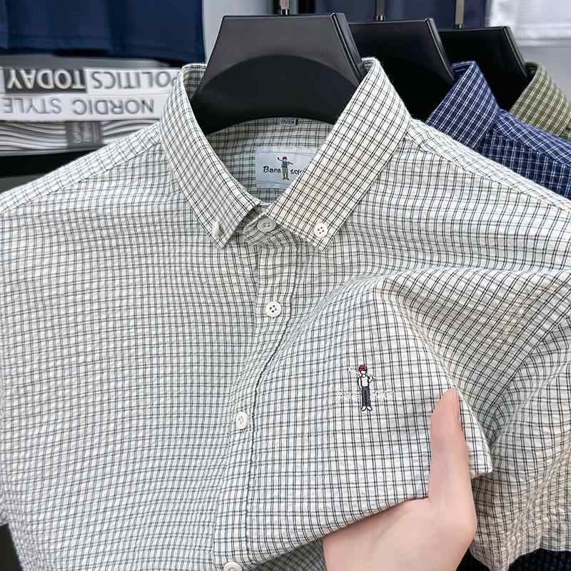 シャツ メンズ 男性用 半袖 コットン 刺繍 通気性 格子柄 涼しい 宽松 カジュアル 開襟 普段使い 薄手 ブルー グリーン グレー