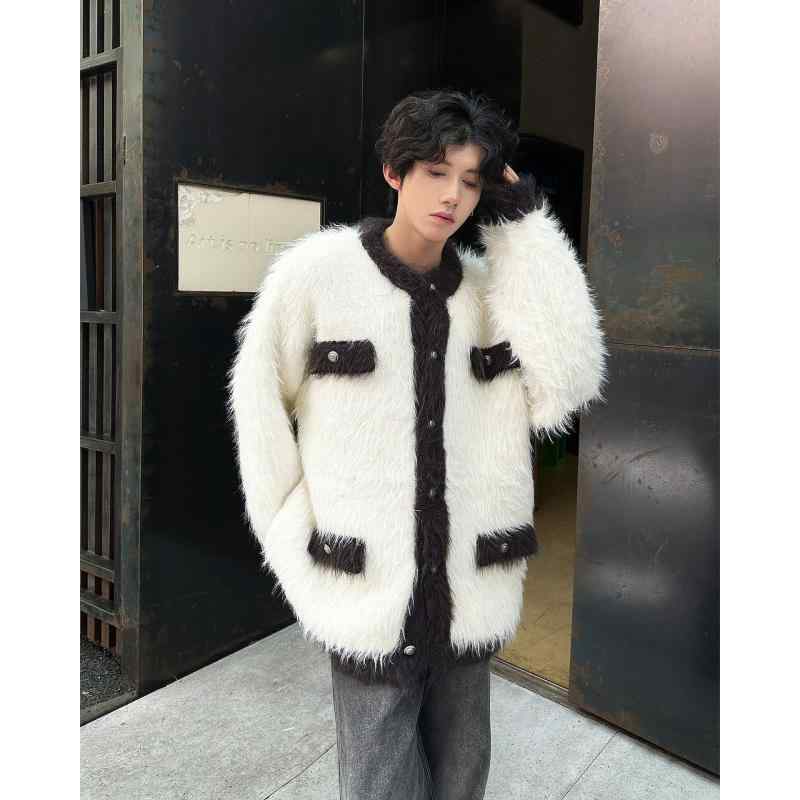 ニットカーディガン メンズ 配色 秋冬 レトロ風 アクリル 混紡 若者 長袖 丸首 ゆったりサイズ ホワイト リラックス 普段使い