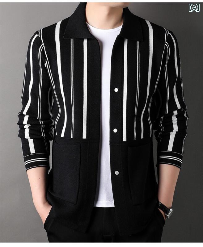 Other - ニット カーディガン メンズ 紳士服 配色 ストライプ柄 羊毛 長袖 襟付き 秋冬 ゆったりサイズ 黒 白 グレー 普段使い カジュアル