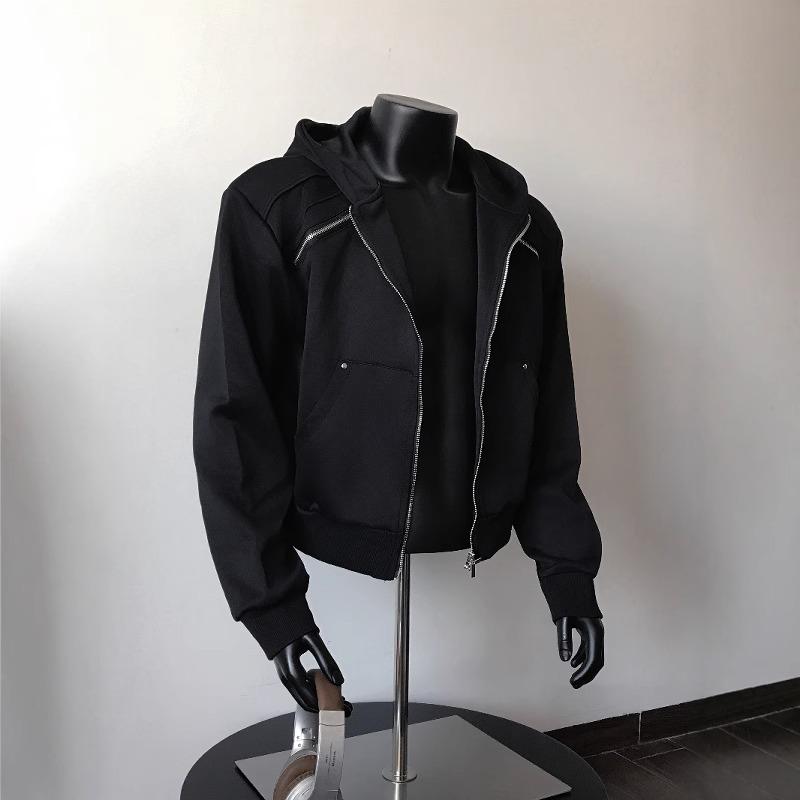 パーカー メンズ 立体裁断 パッドショルダー フード付き カーディガン ジャケット アウター 部屋着 普段使い ポリエステル ブラック グレー