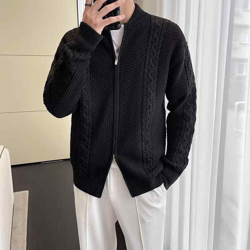 カーディガン メンズ ニット カーディガン 秋冬 男性用 長袖 ニット トップス ラウンドネック 宽松 伸縮性 ポリエステル カキ色 黒
