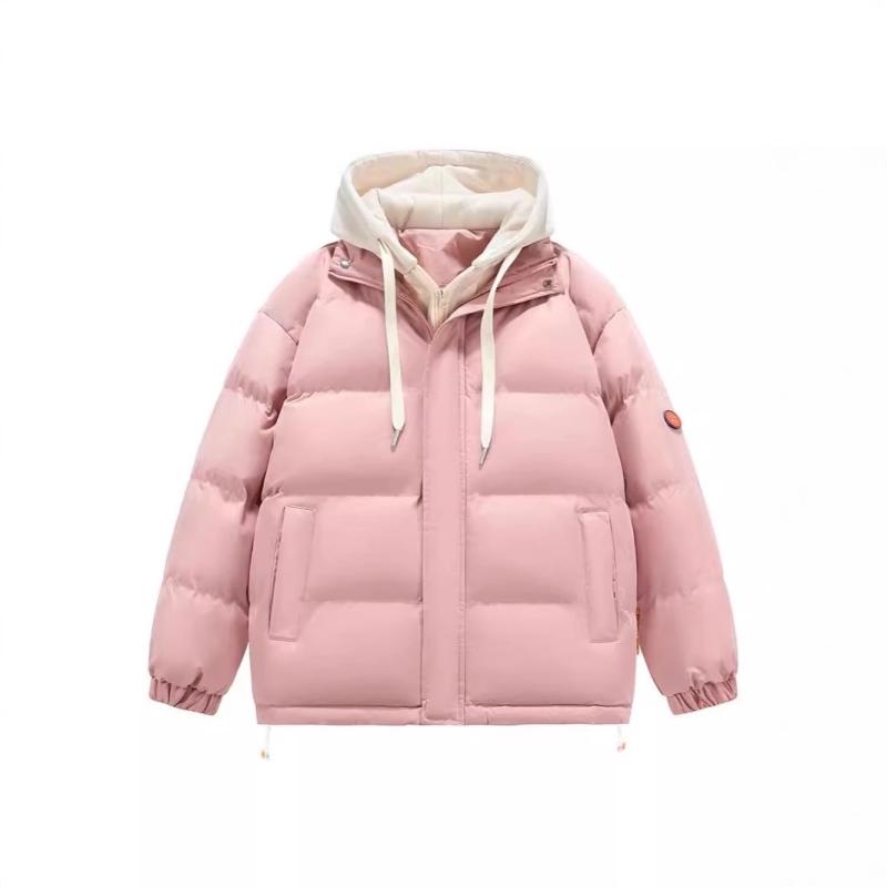 綿入りジャケット 男女兼用 冬用 中綿入り パデッドジャケット フェイクレイヤード フード付き 纯色 ポリエステル ブラック ピンク系