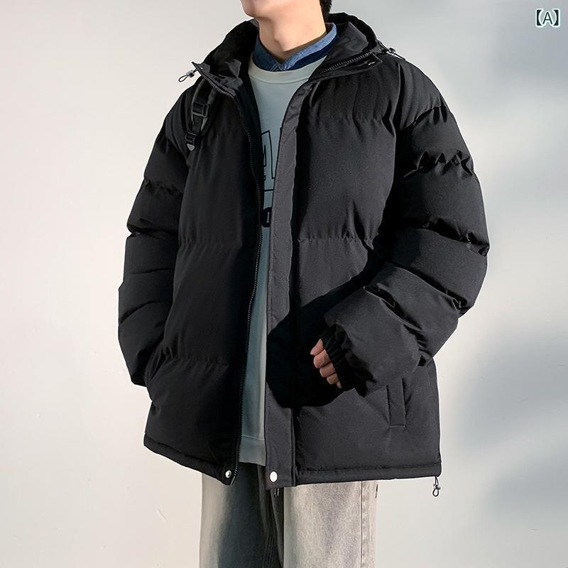Rain Wear - 綿ジャケット メンズ 防風 防寒 フード付き 無地 ゆったり 暖か ポリエステル 冬 アウター ジャンパー ブルゾン ミリタリー ブラック カーキ ベージュ 普段使い