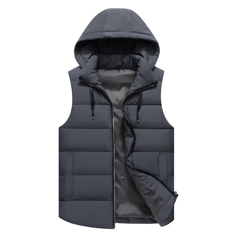 Rain Wear - ベスト 男性用 中綿 秋冬 厚手 フード付き 暖かい 大きいサイズ ゆったり 75D ポリエステル 無地 グレー 黒 赤 白 青(x2)