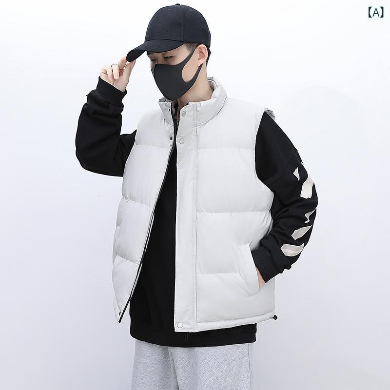 ベスト 男性用 秋冬 加厚 羽毛 コットン 冬季 アウター 若者 カップル 綿 チョッキ かっこいい スタイル カーキ ホワイト ブラック レッド(x2) 2