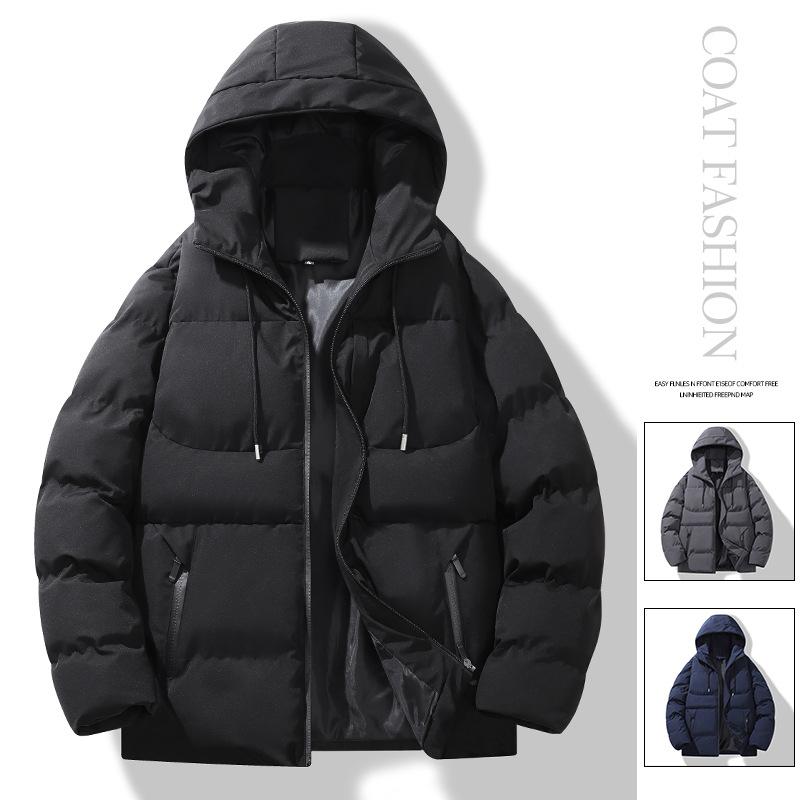 Rain Wear - 綿ジャケット メンズ 男性用 冬 加厚 暖かい ポリエステル 若者 ゆったりサイズ フード付き 中綿 ジャンパー アウター トップス ブラック グレー ブルー