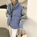 ベスト レディース 韓国 ブルー チェック柄 中綿 ノースリーブ ジャケット アウター ゆったり 普段使い かわいい ポリエステル