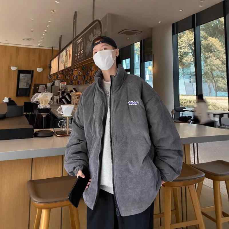 Rain Wear - 綿ジャケット メンズ 冬用 中綿 厚手 ブルゾン ゆったり ポリエステル 無地 スタンドカラー サイドポケット 防寒 グレー カーキ