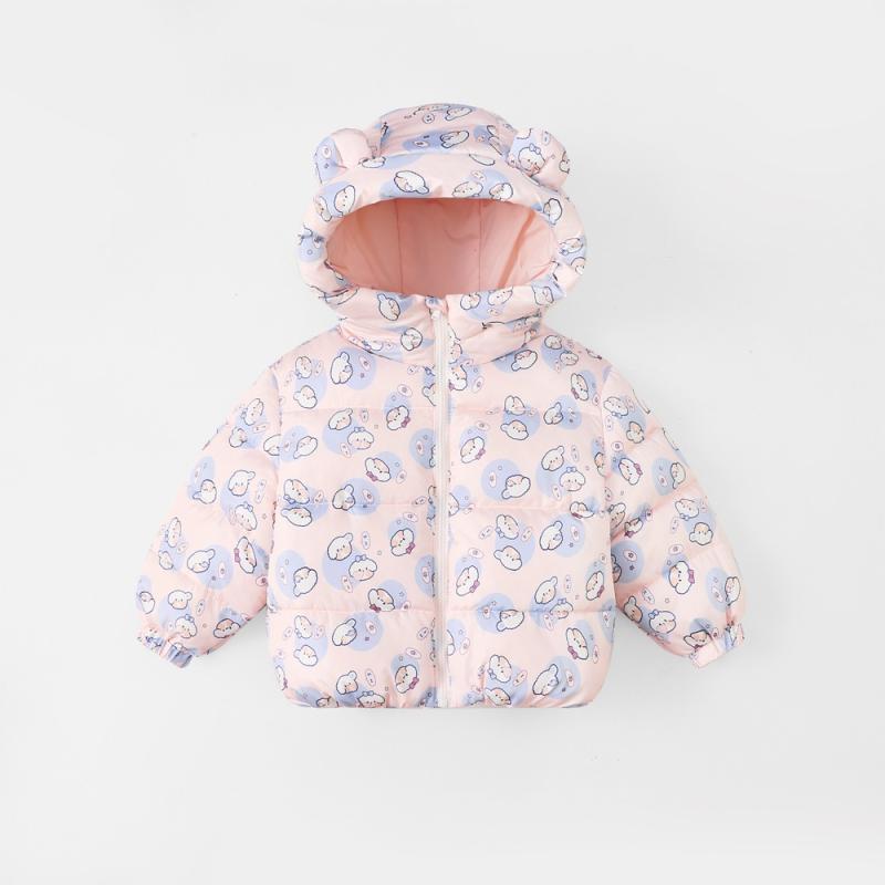 子供用綿コート ガールズプリント綿入れジャケット キッズ防寒トップス 秋冬 中小 幼児 園児 ピンク 犬..