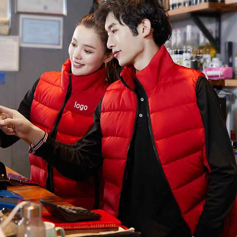 Rain Wear - ダウンベスト 男性用 立ち襟 秋冬 防寒着 チョッキ 作業着 ロゴ入れ可能 レッド ブラック(x2)