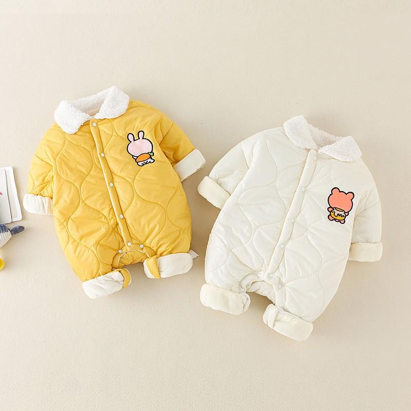 ロンパース ベビー服 新生児 秋冬 防寒 あったか ジャンプスーツ 男の子 女の子 長袖 綿 加厚 カバーオール 66cm 73cm 80cm 90cm 100cm かわいい うさぎ パンダ柄 ホワイト イエロー ベージュ パープル