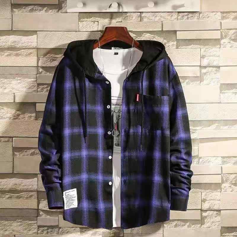 シャツ メンズ 男性用 長袖 コットン混紡 フード付き 格子柄 カジュアル トップス 赤 白 青(x2)