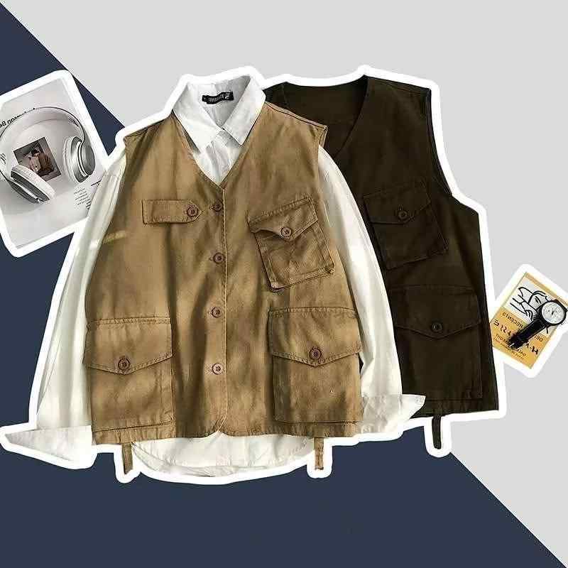 ベスト メンズ ワークベスト 男性用 アメカジ レトロ 多ポケット 重ね着風 ゆったり BF風 ユニセックス..