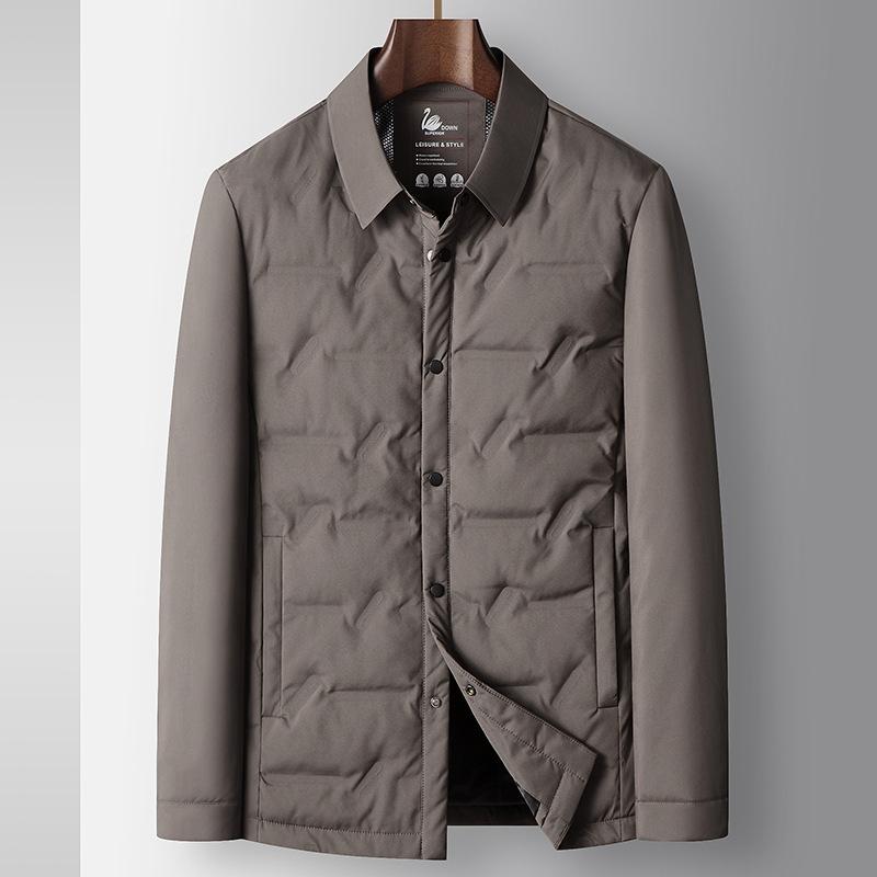 Rain Wear - 羽绒ジャケット メンズ 男性用 90% ダウン 中綿 防寒 保温 暖かい 薄手 シャツ型 ライトアウター カジュアル スタイル ポリエステル 無地 黒 ブラック カーキ ネイビー 紺 グレー 秋冬