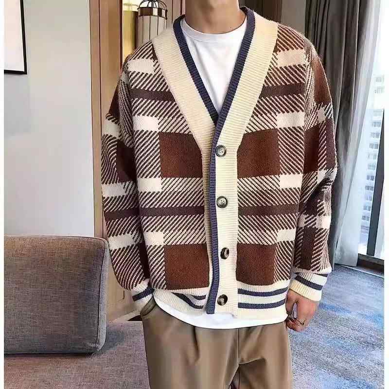 ニット メンズ 男性用 韓国 チェック柄 長袖セーター Vネック プルオーバー 配色 伸縮性 通気性 秋冬 リラックス ウェア カジュアル スタイル 普段使い