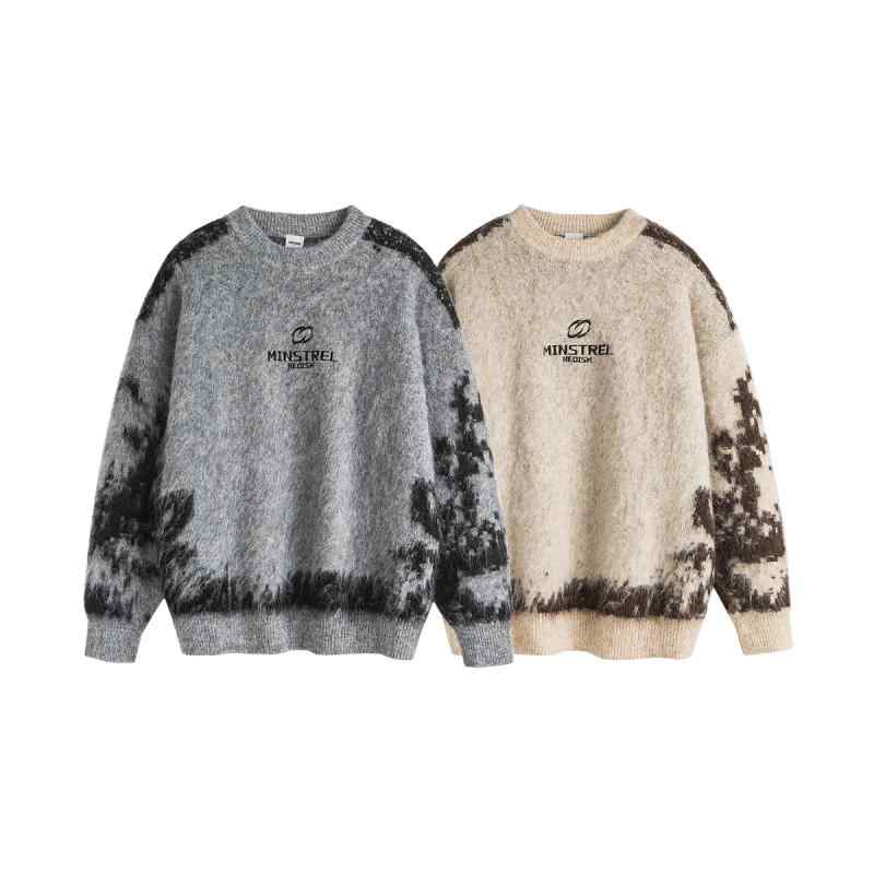 Wear - ニット メンズ ニットセーター 男性用 丸首 長袖 刺繍 宽松 普段使い カジュアル グレー 杏色 秋