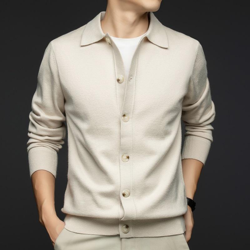 ニットカーディガン メンズ 秋冬 混紡 紡毛 襟付き 前開き ニットセーター トップス リブ裾 カジュアル スタイル 普段使い グレー ブラック ベージュ