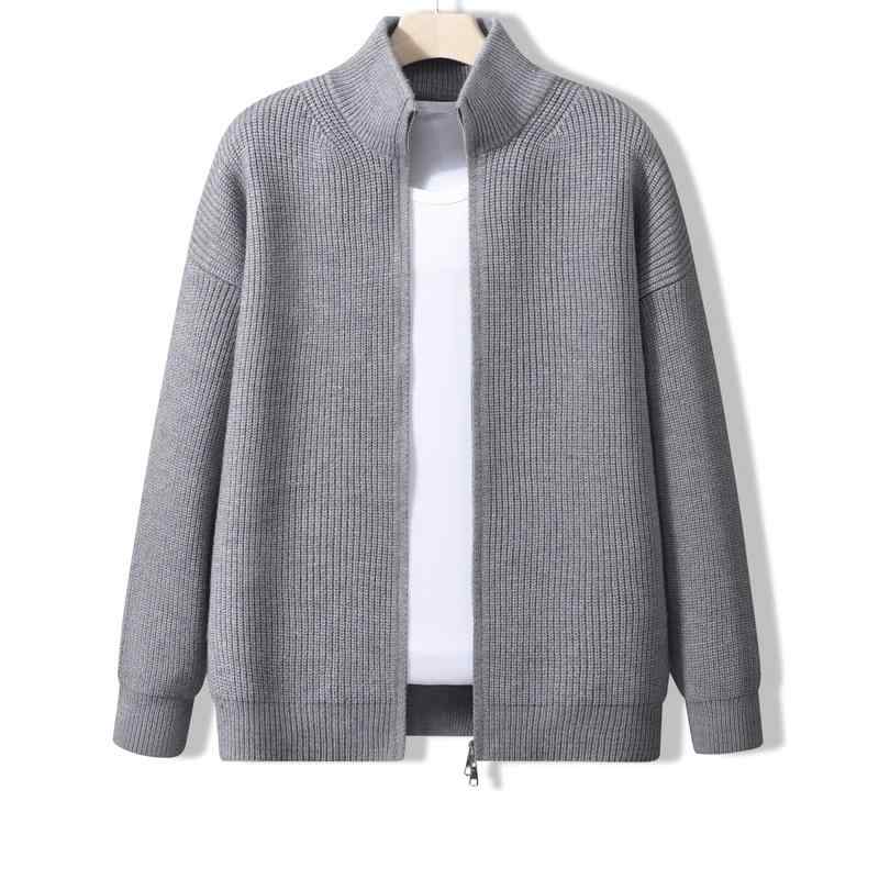 ニットカーディガン メンズ 秋冬 ダブルジップ スタンドカラー ニットジャケット 普段使い リラックス ルーズ ポリエステル アクリル混紡 ブラック グレー