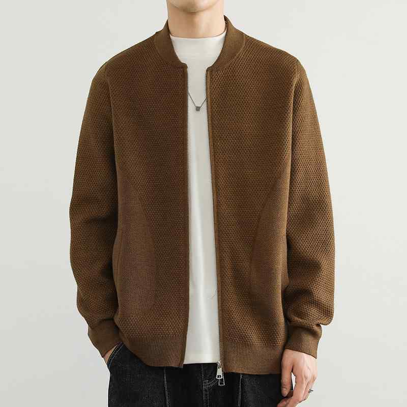 ニット メンズ カーディガン 秋冬 長袖 無地 リブ裾 立ち襟 ジップアップ スリムフィット スタイル トップス 羽織り グレー ベージュ ブラック コーヒー 普段使い