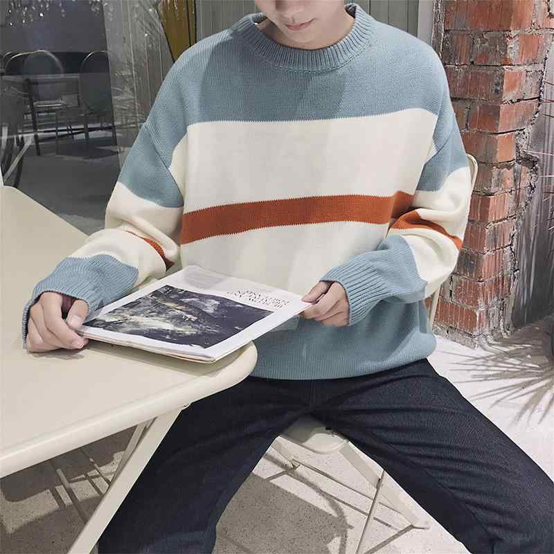 ニット メンズ 厚手 冬物 韓国 学生 カジュアル 幾何学模様 配色 長袖 トップス