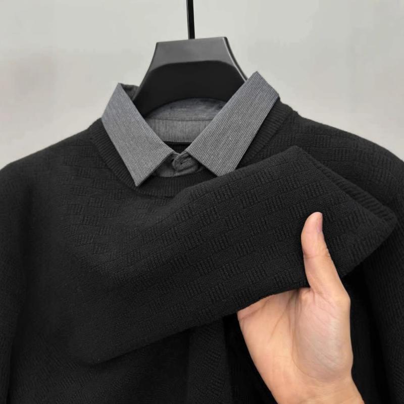 ニット メンズ 紳士服 フェイクレイヤード シャツ襟 厚手 秋冬 ビジネス 保温 インナー トップス プルオーバー ブラック グレー キャメル カーキ ポリエステル