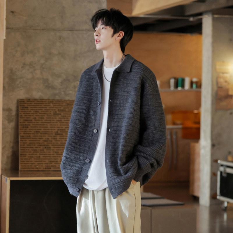 ニット カーディガン メンズ 秋冬 翻襟 ライトアウター 羽織り ゆるニット 普段使い ラフ着 リラックス 深グレー カーキ