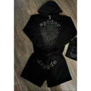 パーカー メンズ SP5DER ジップアップ スウェット フーディ ストリート ラグラン袖 コットン ルーズフィット カンガルーポケット付き 黒 ブラック(4)