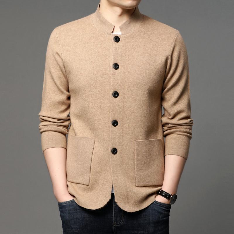 ニット カーディガン メンズ 男性用 春秋 立襟 トップス シニア 向け 普段使い 伸縮性 通気性 グレー ブラック キャメル コーヒー