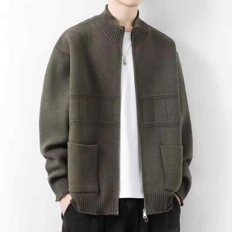 カーディガン メンズ ニット カーディガン ジャケット 春秋 立襟 コットンブレンド ゆったり 長袖 トップス 無地 ブラック グリーン ベージュ