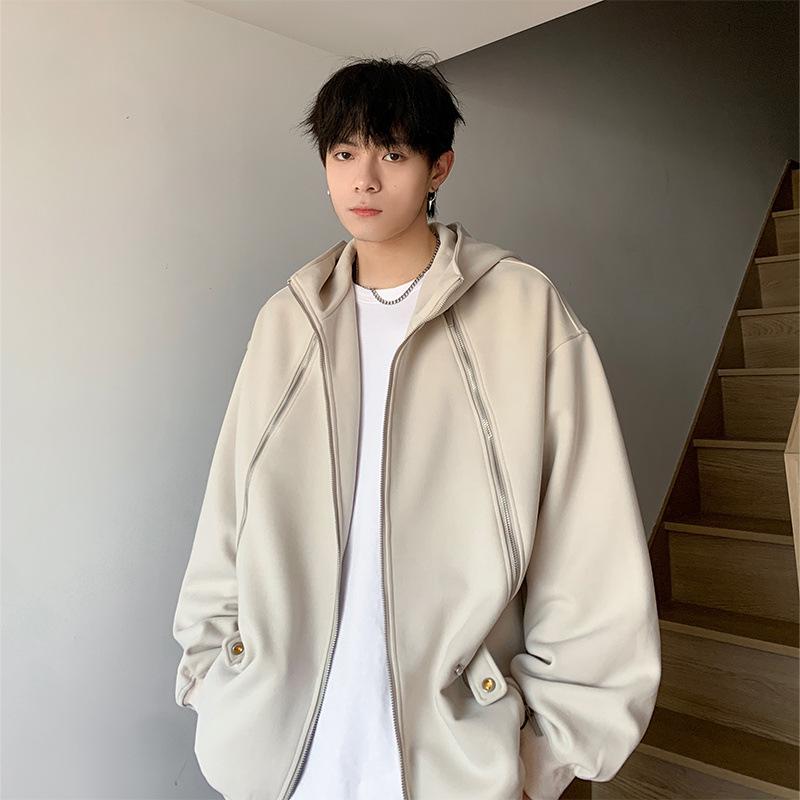 パーカー メンズ 男性用 春秋 フード付き 長袖 ジップアップ 無地 リラックスフィット ドロップショルダー カジュアル ストリート スタ..