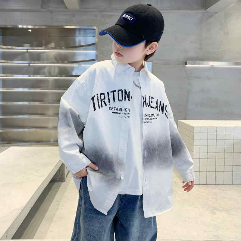 シャツ 男の子 子供服 長袖 コットン プリント 襟付き 春秋 トップス 韓国 おしゃれ グレー ホワイト(x2)