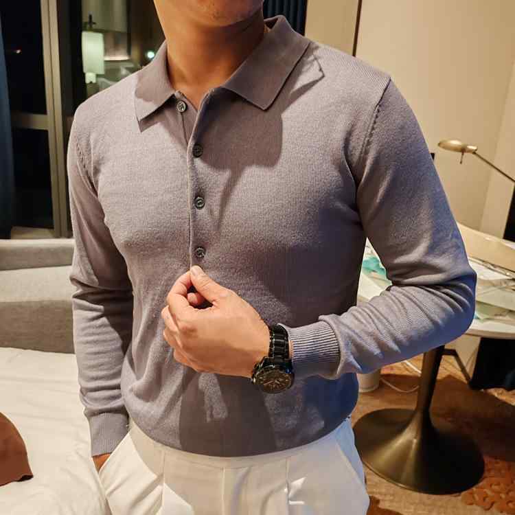 ニット メンズ 長袖 リブ編み POLOシャツ 襟付き スリムフィット トップス インナーウェア カットソー プルオーバー 春秋 伸縮性 通気性 ブラック グレー