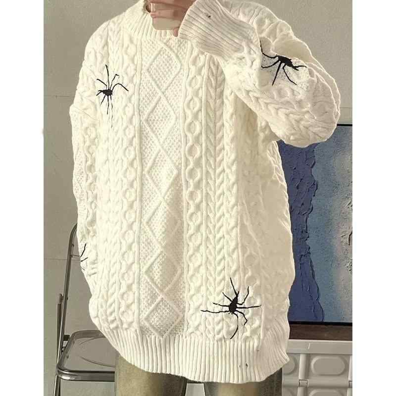 ニット メンズ 秋冬 インナー レトロ 古着風 スパイダー 蜘蛛 刺繍 ゆったり クルーネック プルオーバー トップス カットソー 長袖 白