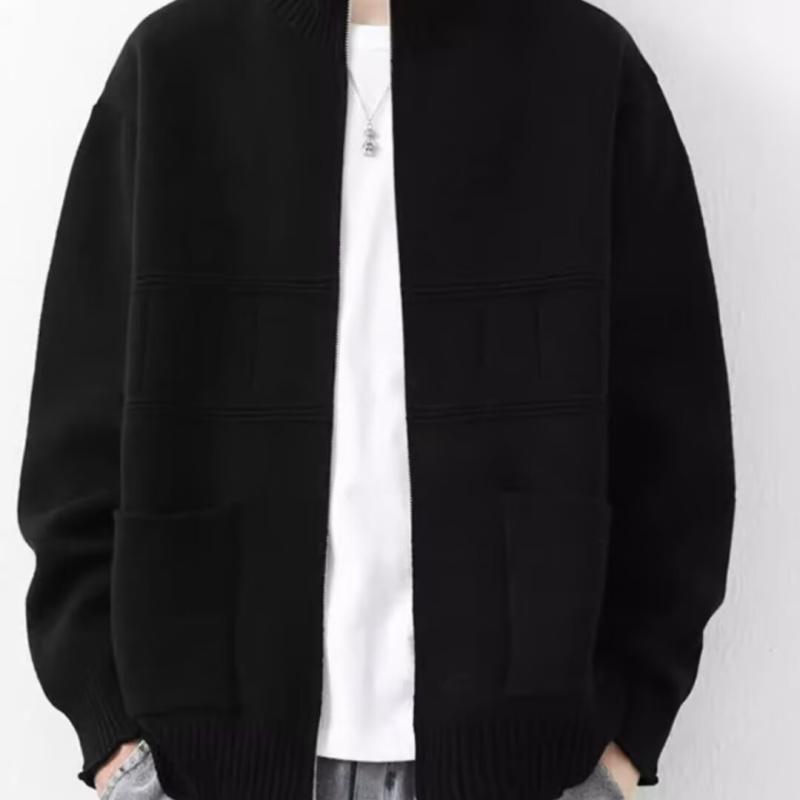 Wear - カーディガン メンズ ニット 秋冬 立襟 長袖 フルジップ 無地 厚手 暖かい ウール混紡 黒/緑