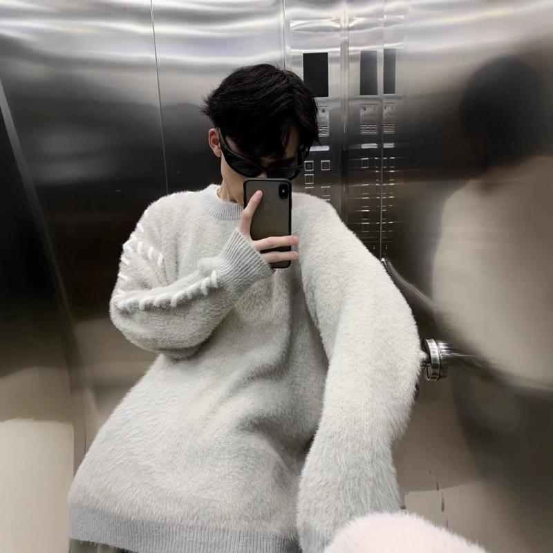 ニット メンズ ニットソー プルオーバー クルーネック 長袖 厚手 ゆったり ポリエステル混紡 カジュアル 韓国 秋冬 ブラック ホワイト グレー
