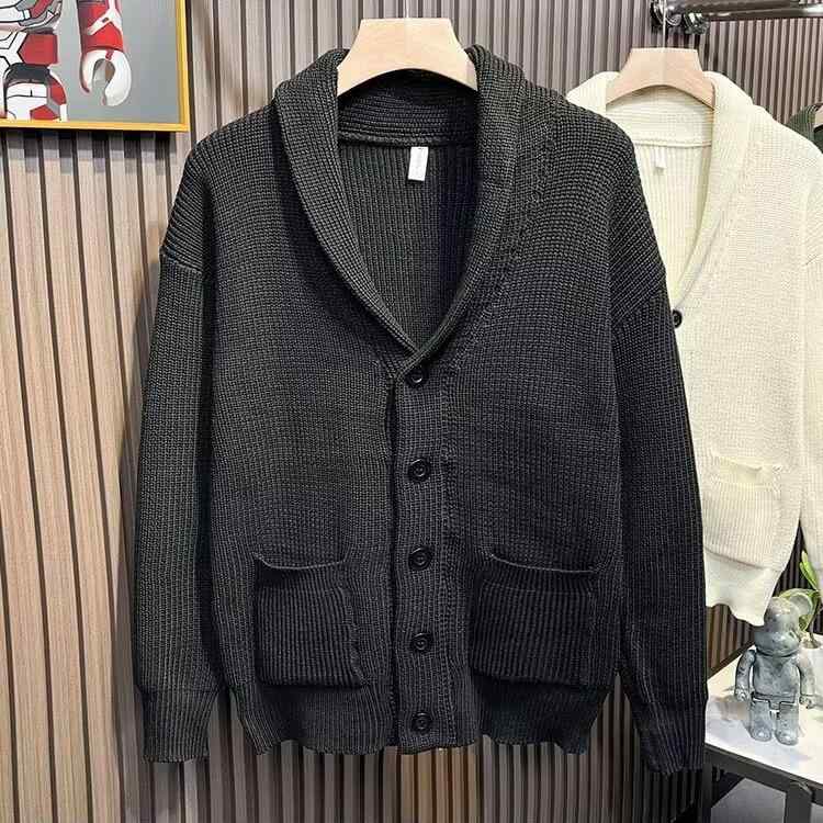 ニット カーディガン メンズ 男性用 秋冬 厚手 暖かい 長袖 襟付き ミドルエイジ ビジネス カジュアル ゆったり ブラック 杏色 グリーン