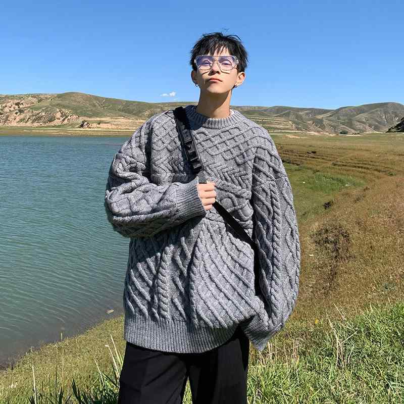 ニット メンズ ニットセーター 厚手 リブ編み 配色 クルーネック プルオーバー 伸縮性 ポリエステル レ..