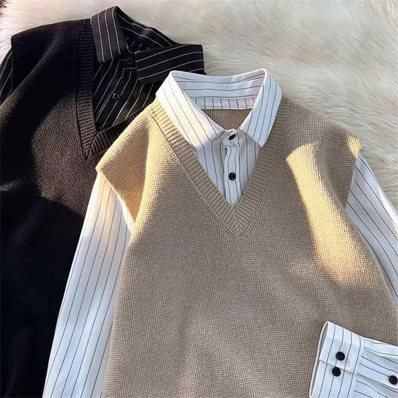 Wear - ニット メンズ フェイクレイヤード Vネック 長袖 プルオーバー 秋冬 トップス リブ 伸縮性 ポリエステル ブラック 杏色