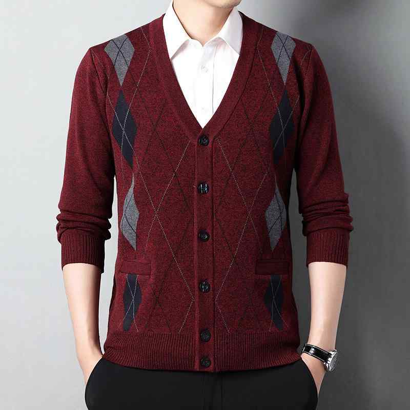 ニット カーディガン 男性用 ウール ニットカーディガン 長袖 Vネック 秋冬 ミドルエイジ ビジネス 普段使い ブラック グレー ベージュ ワインレッド