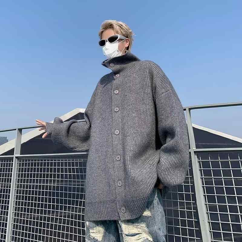ニットカーディガン メンズ 秋冬 ペア 鹿毛絨 ポリエステル ゆったり スタンドカラー 長袖 黒 グレー 杏色